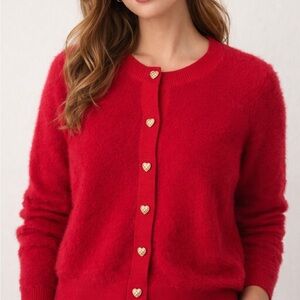 Bailey 44 Soft Red Fuzzy Cardigan Sweater w/ Gold Heart Buttons Size Medium